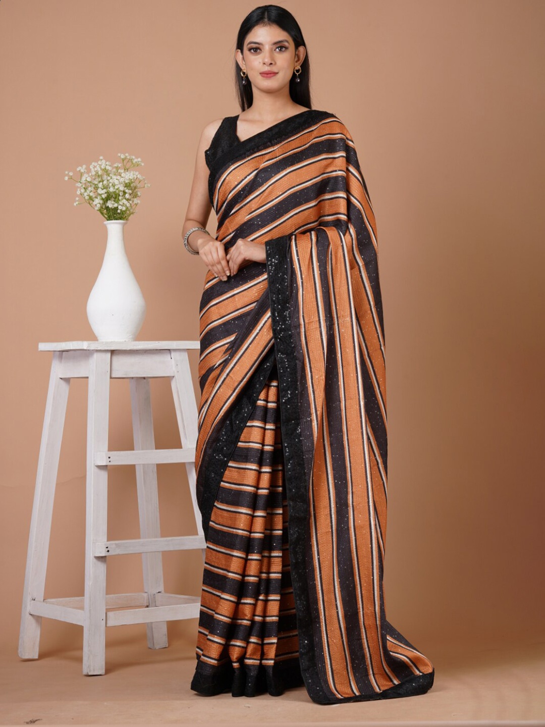 

Angroop Striped Sequinned Saree, Black