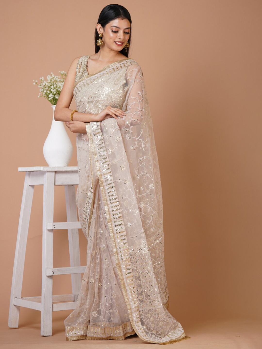 

Angroop Embellished Sequinned Net Saree, Off white