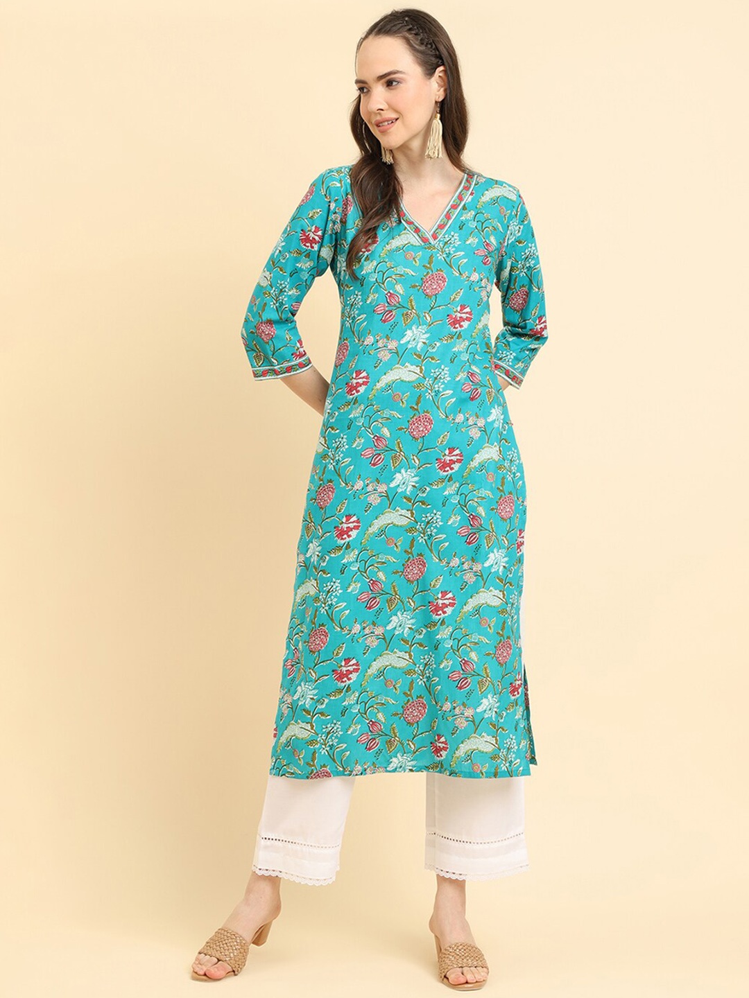 

Varanga Floral Printed Cotton Straight Kurta, Turquoise blue