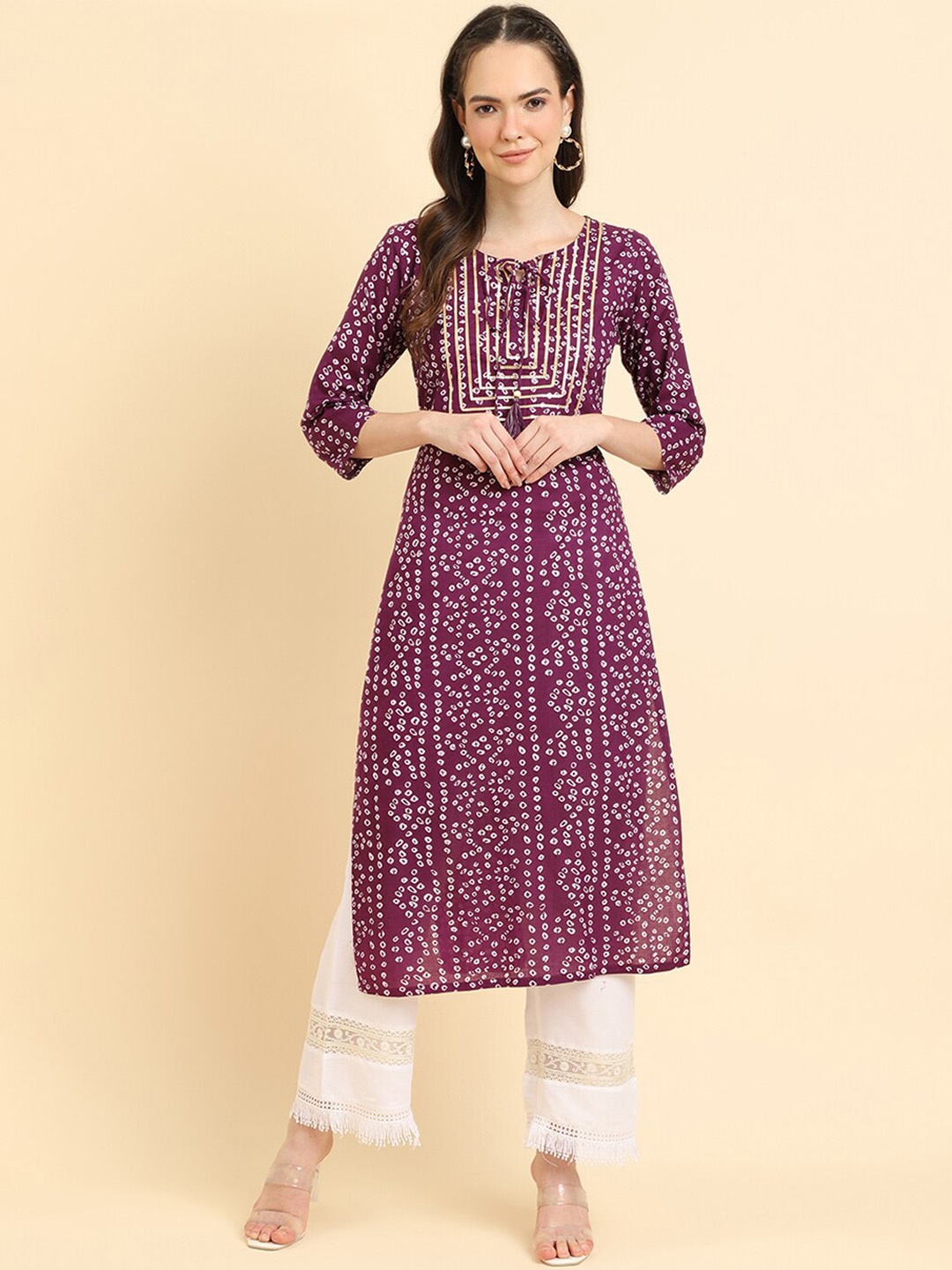 

Varanga Bandhani Printed Tie-Up Neck Gotta Patti Cotton Straight Kurta, Purple