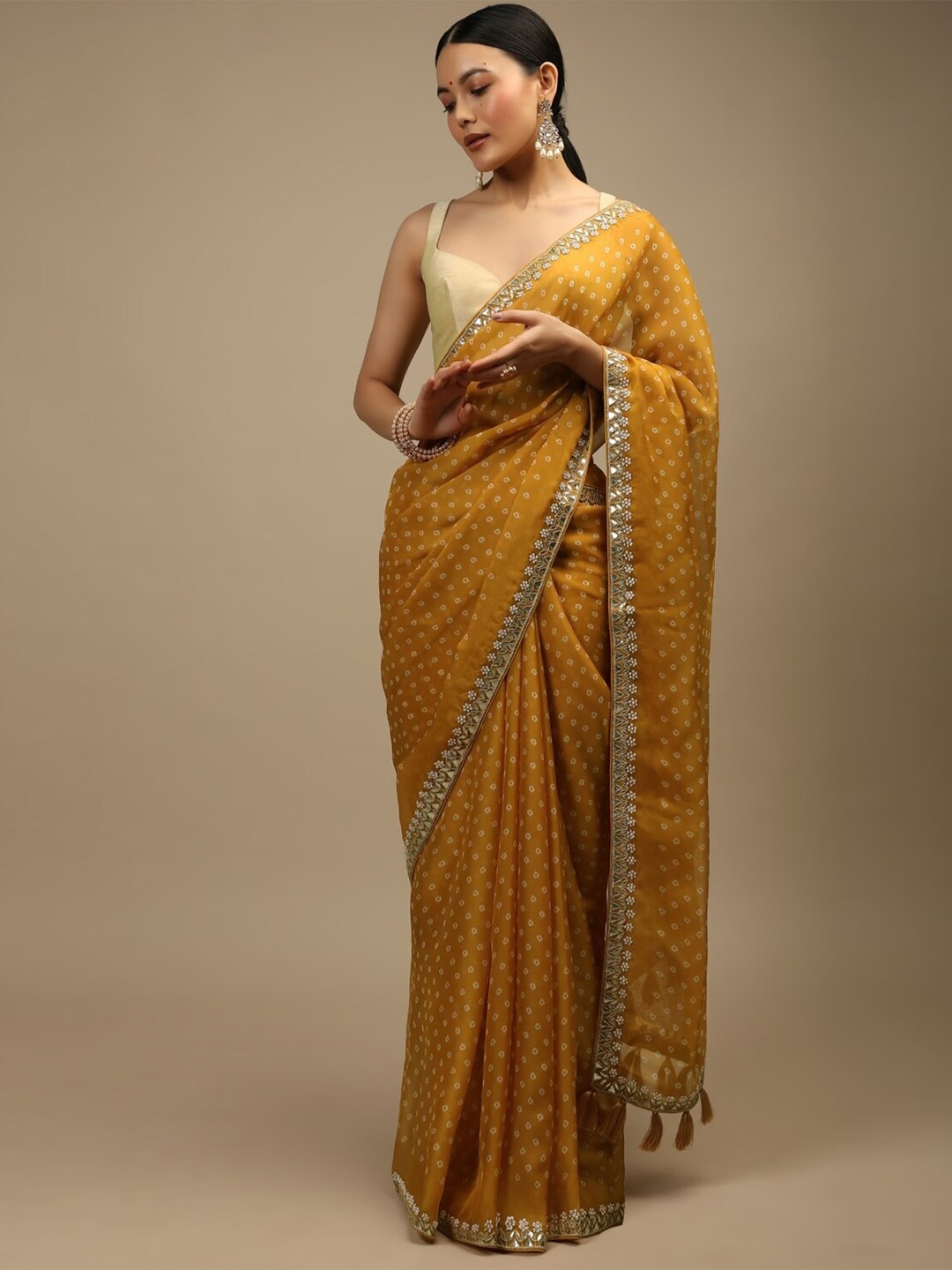 

GAJARAI Bandhani Printed Poly Chiffon Saree, Mustard