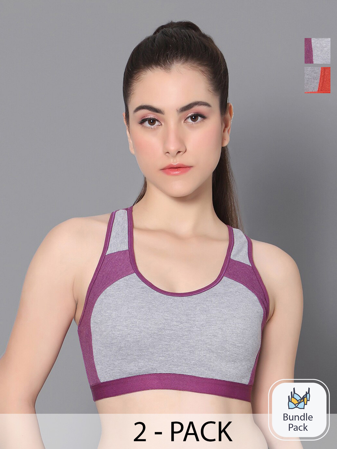 

True Shape Pack Of 2 Colourblocked Full Coverage Non Padded Sports Bra With Anti Microbial, Orange