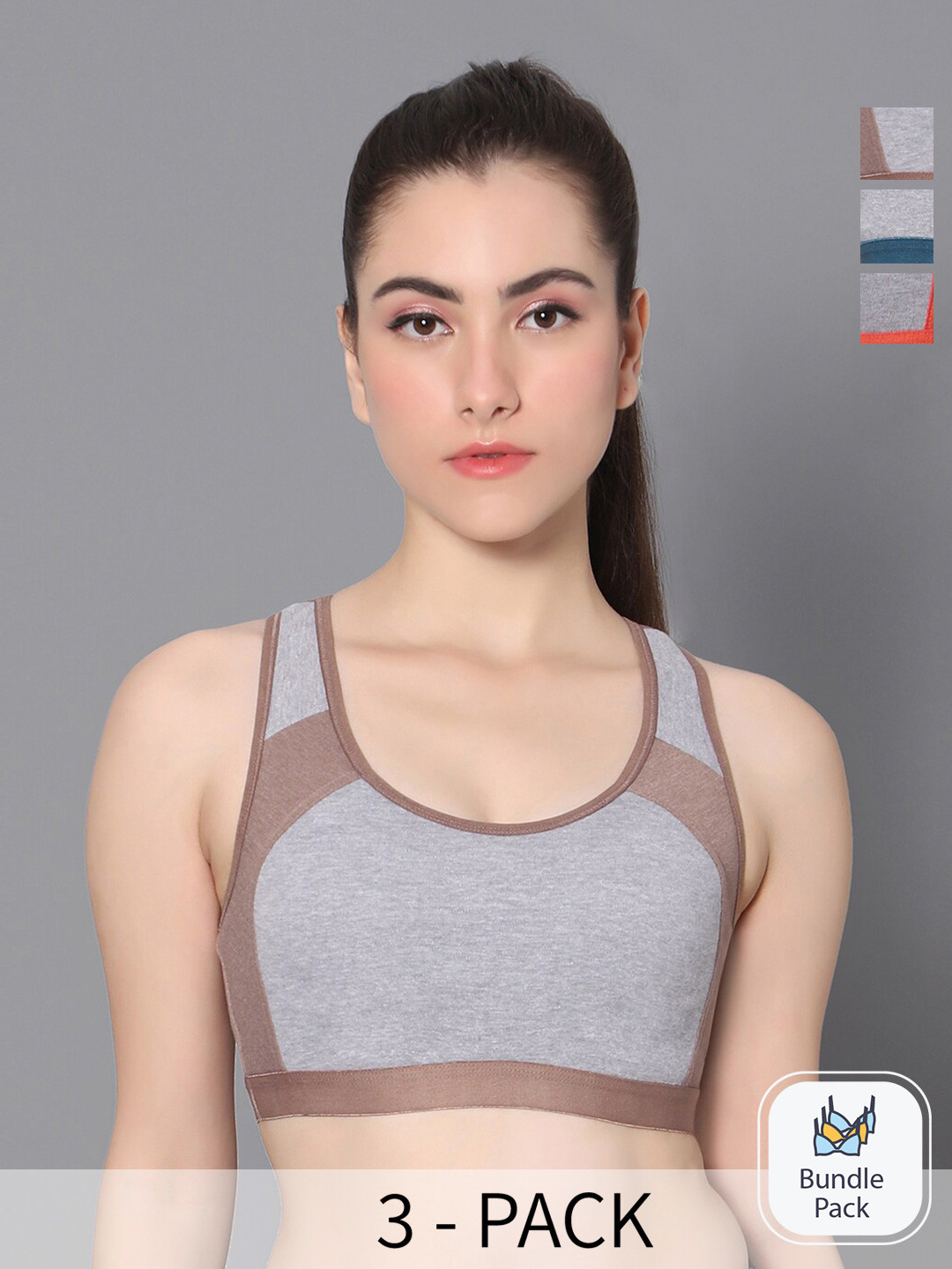 

True Shape Pack Of 3 Colourblocked Full Coverage Non Padded Sports Bra With Anti Microbial, Orange
