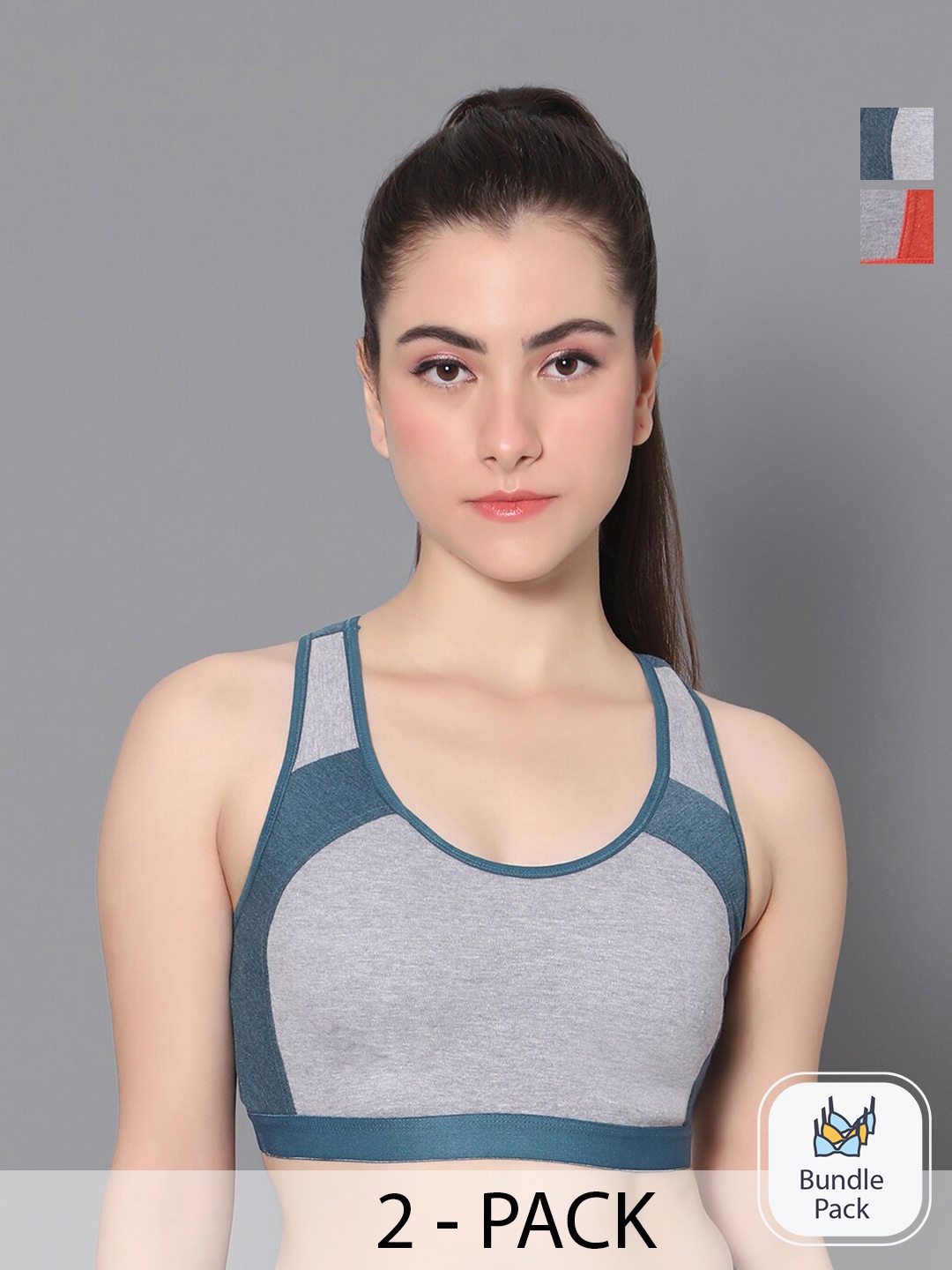 

True Shape Pack Of 2 Colourblocked Full Coverage Non Padded Sports Bra With Anti Microbial, Blue