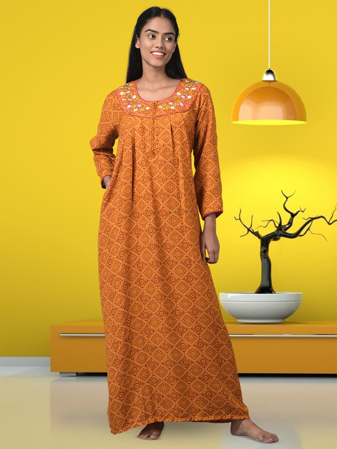 

Noty Ethnic Motifs Printed Embroidered Maxi Nightdress, Mustard