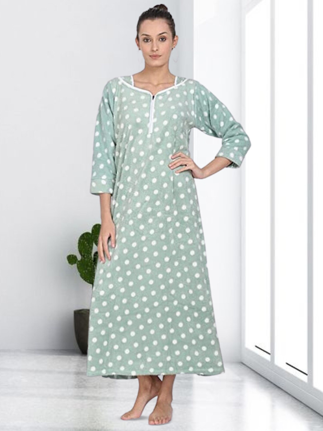 

Noty Polka Dots Printed Maxi Nightdress, Green