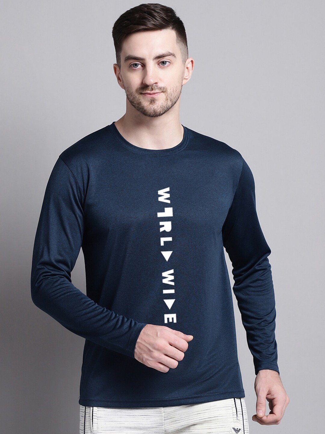 

Friskers Typography Printed Round Neck Long Sleeve Slim Fit Regular T-shirt, Navy blue