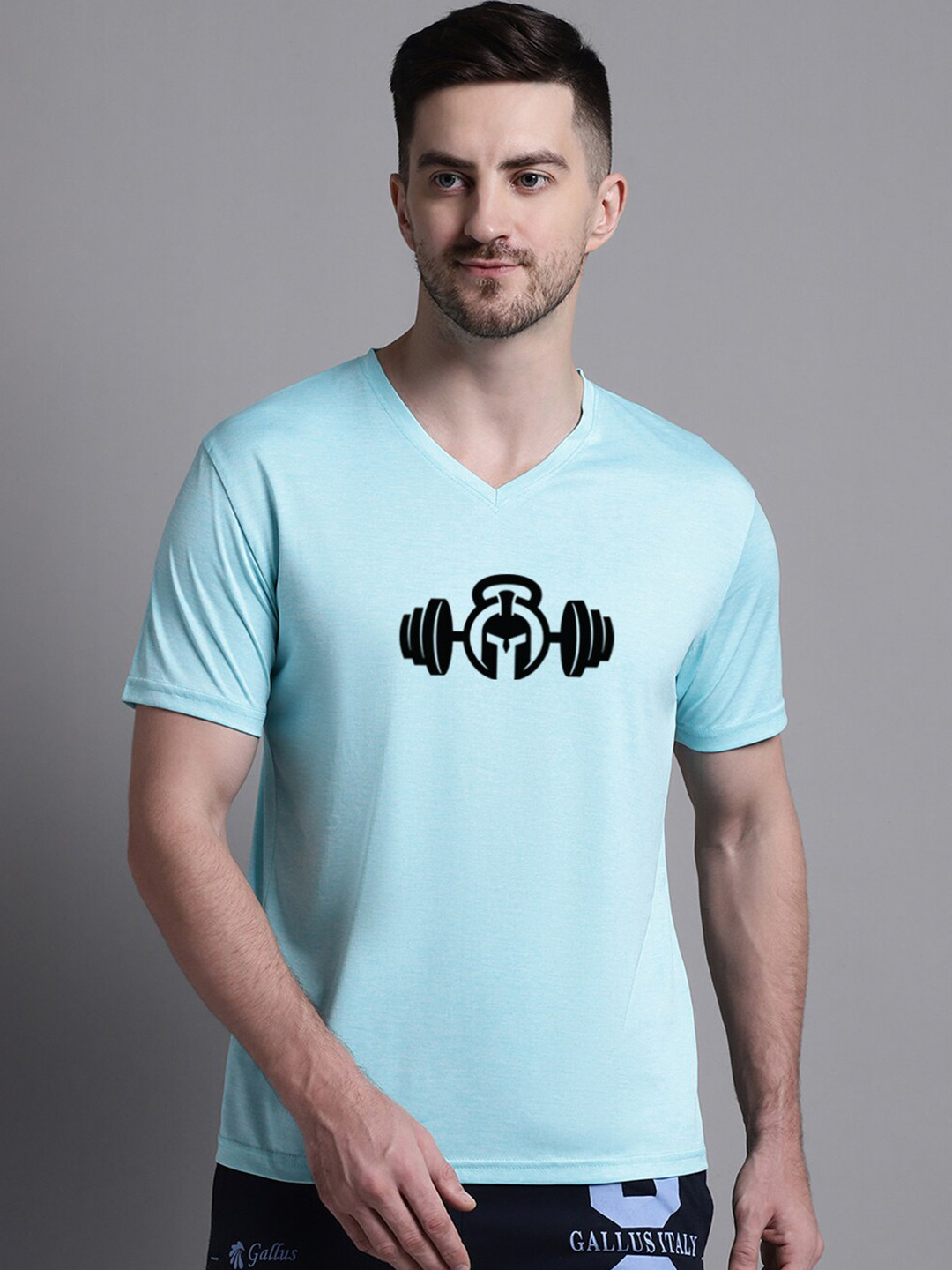 

Friskers Men Printed V-Neck Slim Fit T-shirt, Turquoise blue