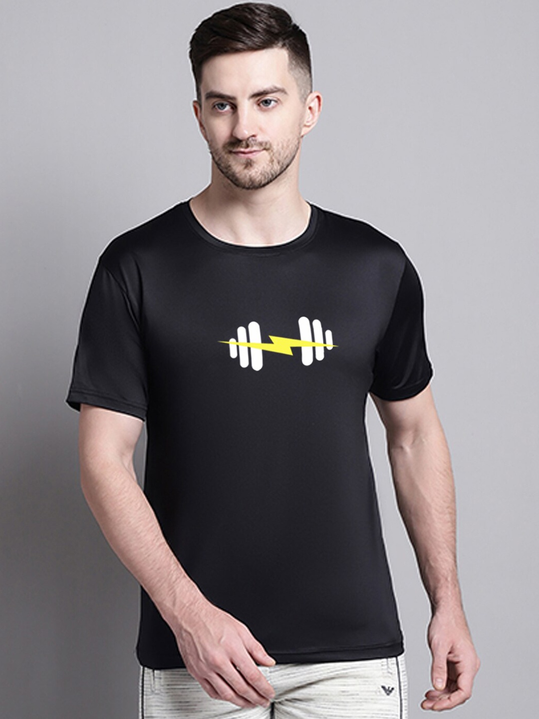 

Friskers Slim Fit Graphic Printed Round Neck Running T-shirt, Black