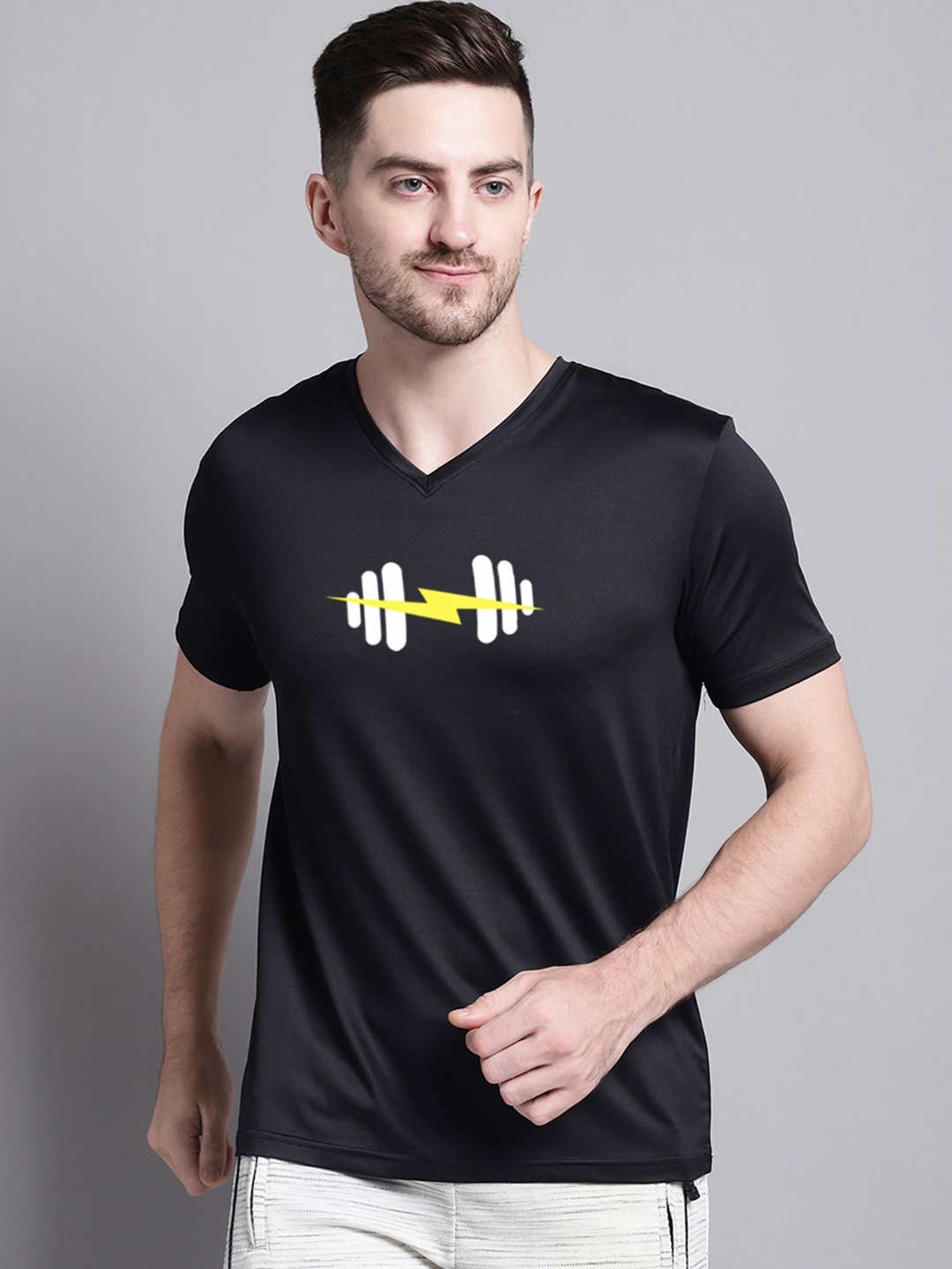 

Friskers Slim Fit Graphic Printed V-Neck Running T-shirt, Black