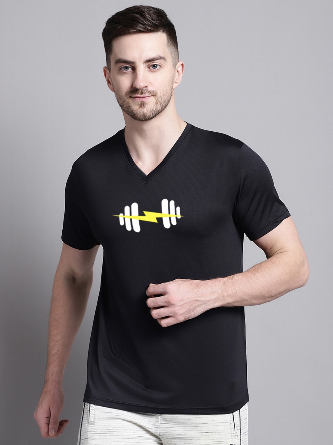 Friskers Graphic Printed V-Neck Short Sleeve Slim Fit Regular T-shirt, Black