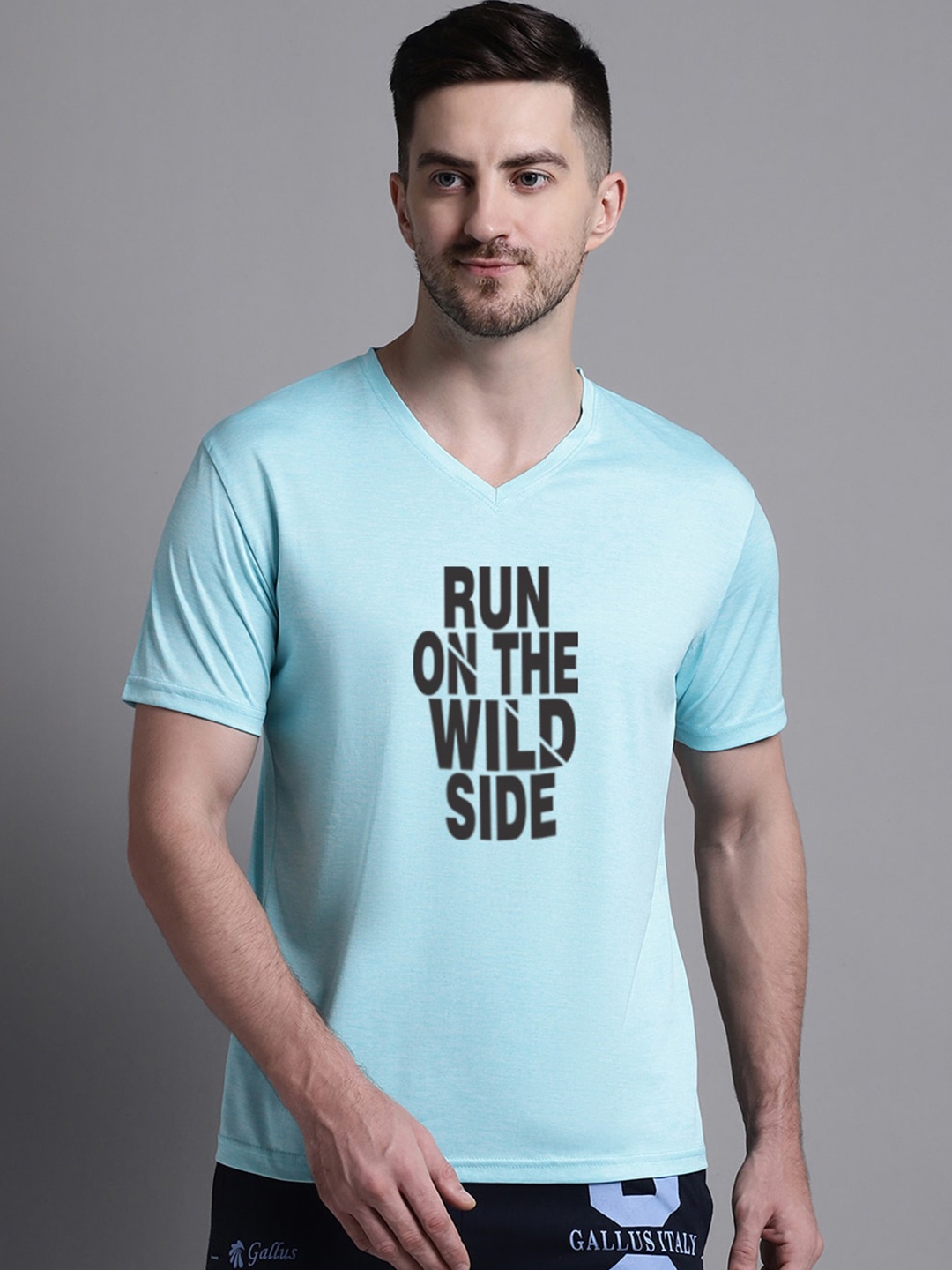 

Friskers Typography Printed V-Neck Slim Fit T-shirt, Turquoise blue