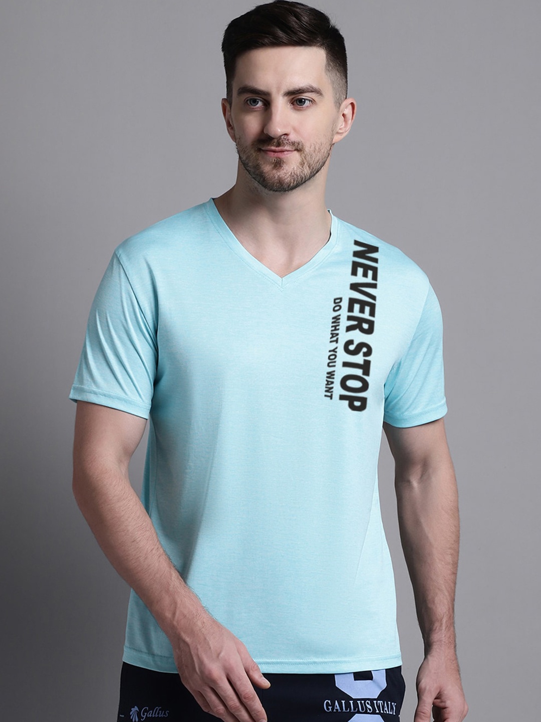 

Friskers Typography Printed V-Neck Anti Static Slim Fit Sports T-shirt, Turquoise blue