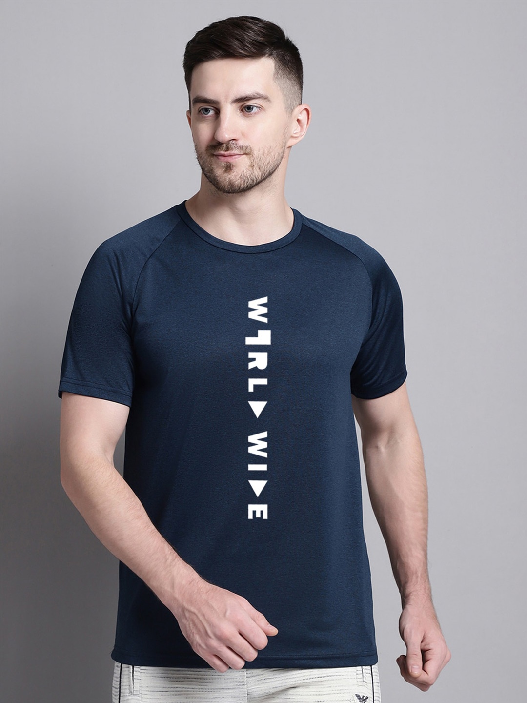 

Friskers Slim Fit Typography Printed Round Neck Running T-shirt, Navy blue