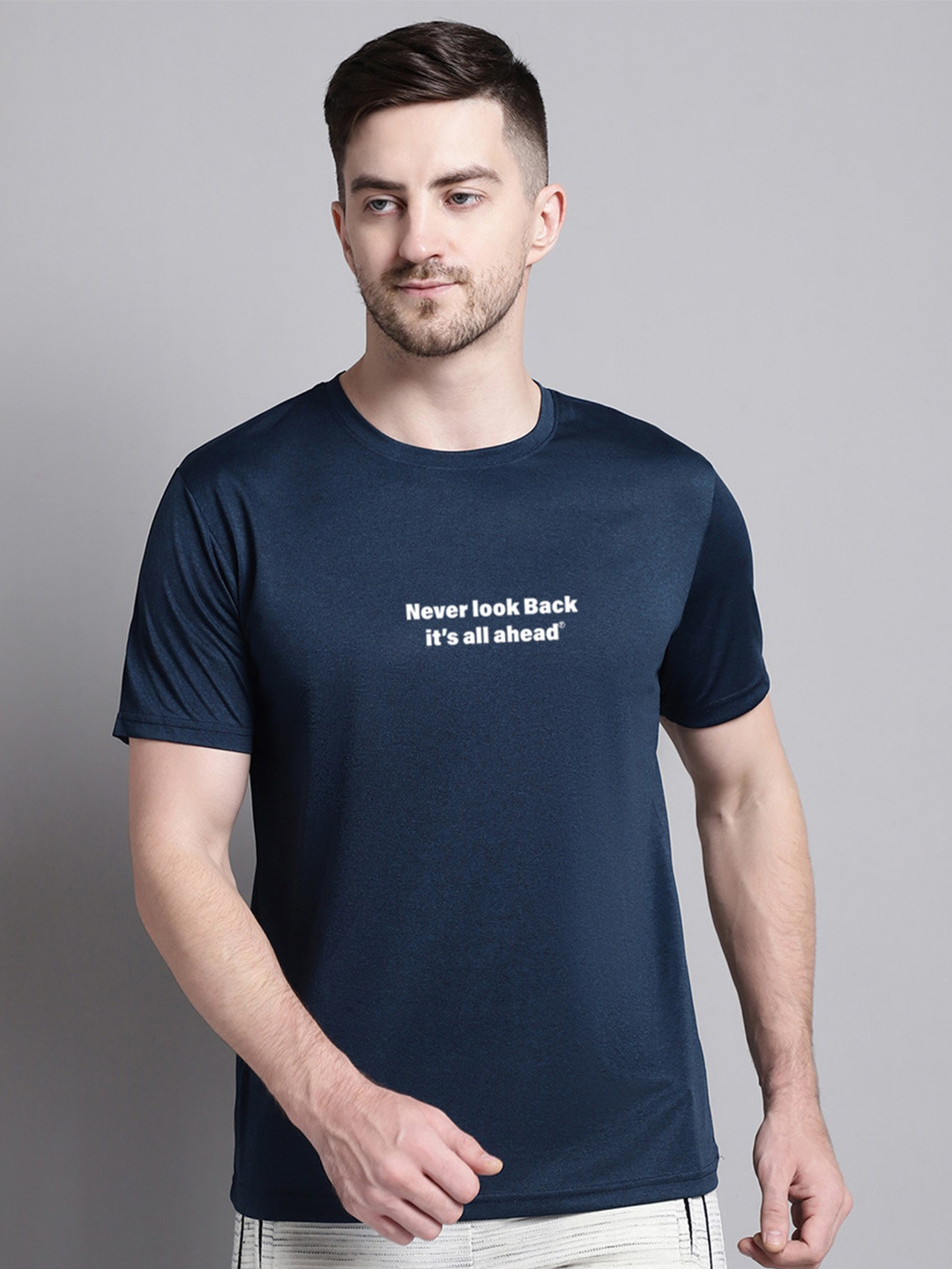 

Friskers Typography Printed Anti Static Slim Fit Sports T-shirt, Navy blue