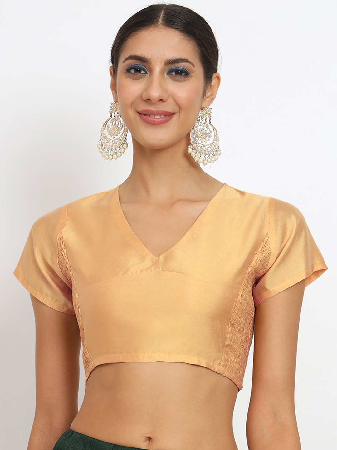 

studio rasa V-Neck Side Smocked Saree Blouse, Beige