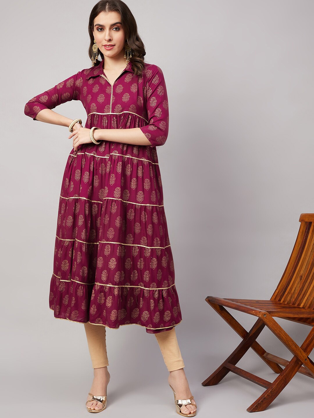 

HERE&NOW Magenta Floral Printed Tiered Cotton Anarkali Kurta