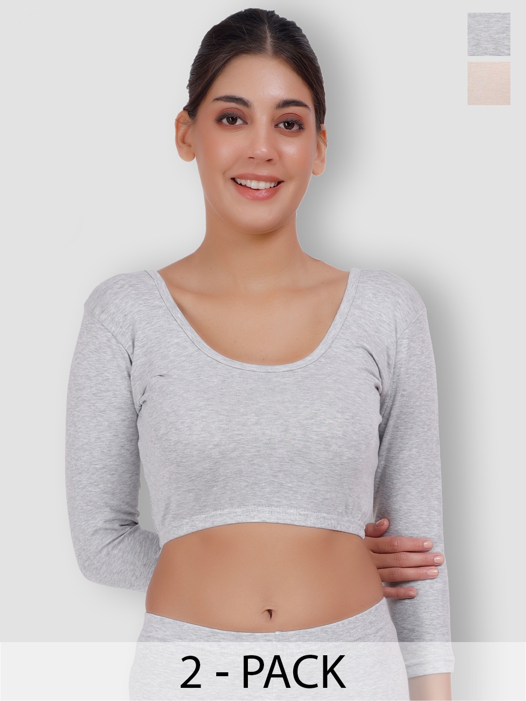 

SELFCARE Pack Of 2 Round Neck Thermal Crop Tops, Grey
