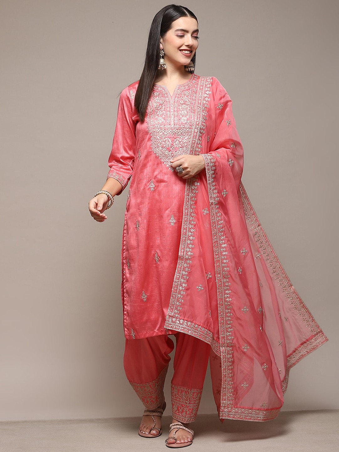

Biba Ethnic Motifs Yoke Design Regular Kurta with Salwar & With Dupatta, Coral