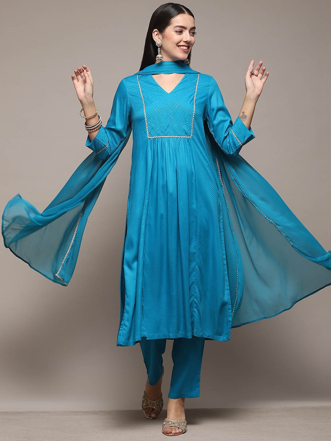 

Biba Woven Design Pleated Straight Kurta with Trousers & With Dupatta, Turquoise blue