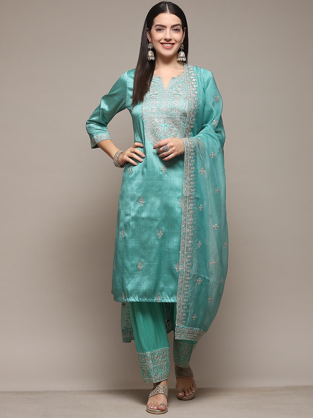 

Biba Ethnic Motifs Yoke Design Regular Kurta With Salwar & Dupatta, Sea green