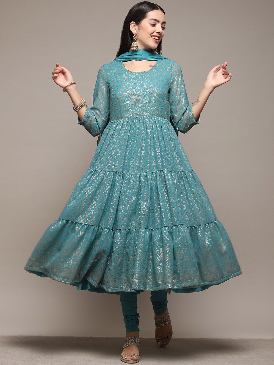 

Biba Floral Printed Empire Kurta & Churidar With Dupatta, Sea green