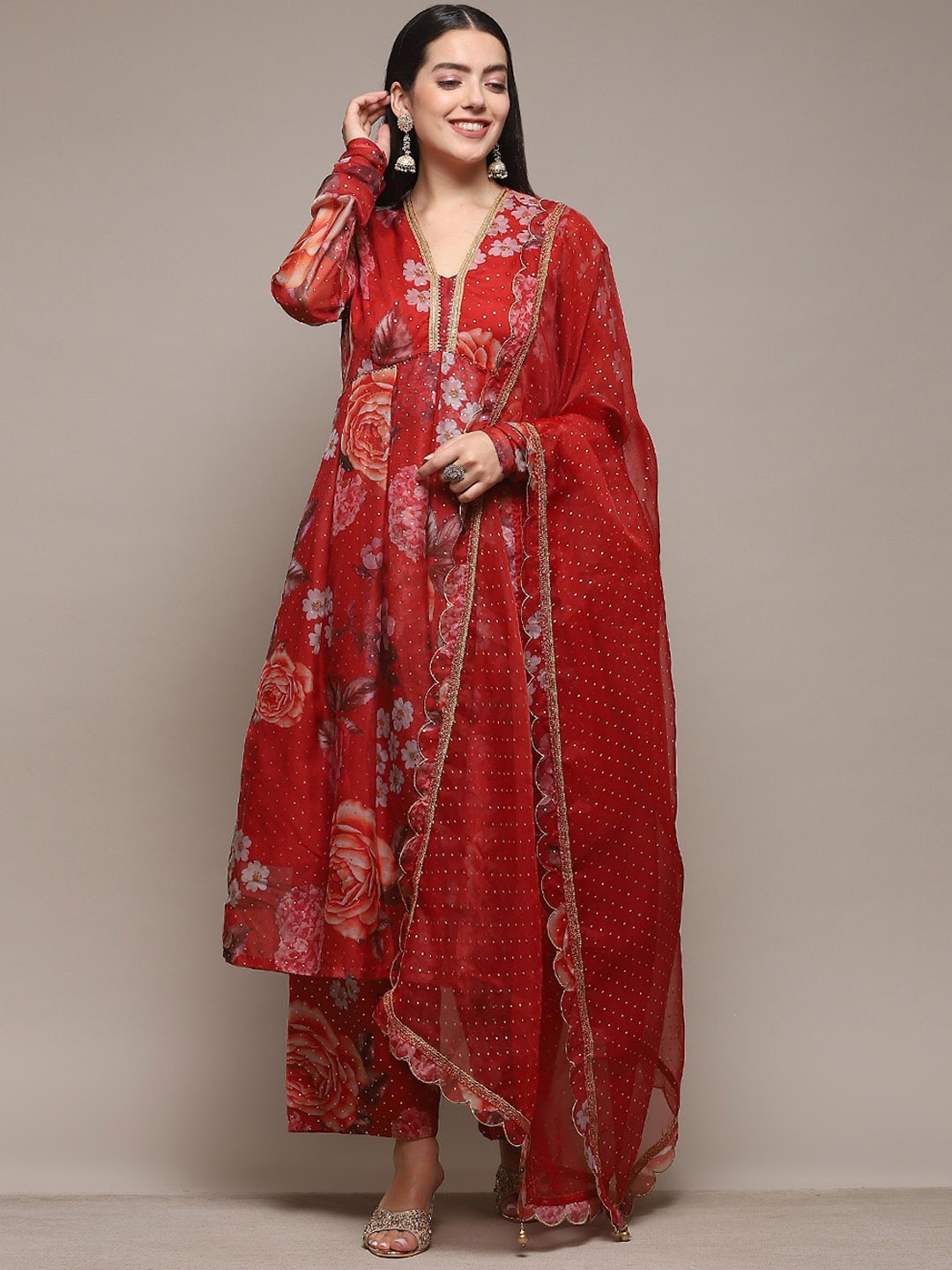 

Biba Floral Printed Anarkali Kurta with Palazzos & With Dupatta, Red