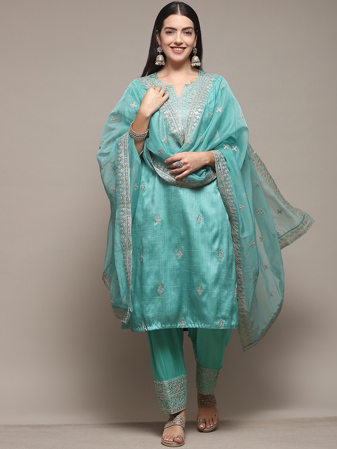 

Biba Ethnic Motifs Embroidered Regular Kurta with Salwar & With Dupatta, Sea green