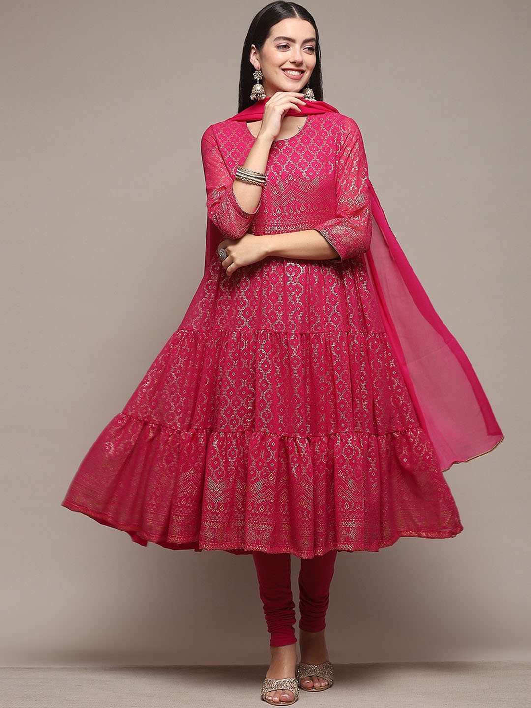 

Biba Ethnic Motifs Printed Tiered Anarkali Kurta & Leggings With Dupatta, Fuchsia