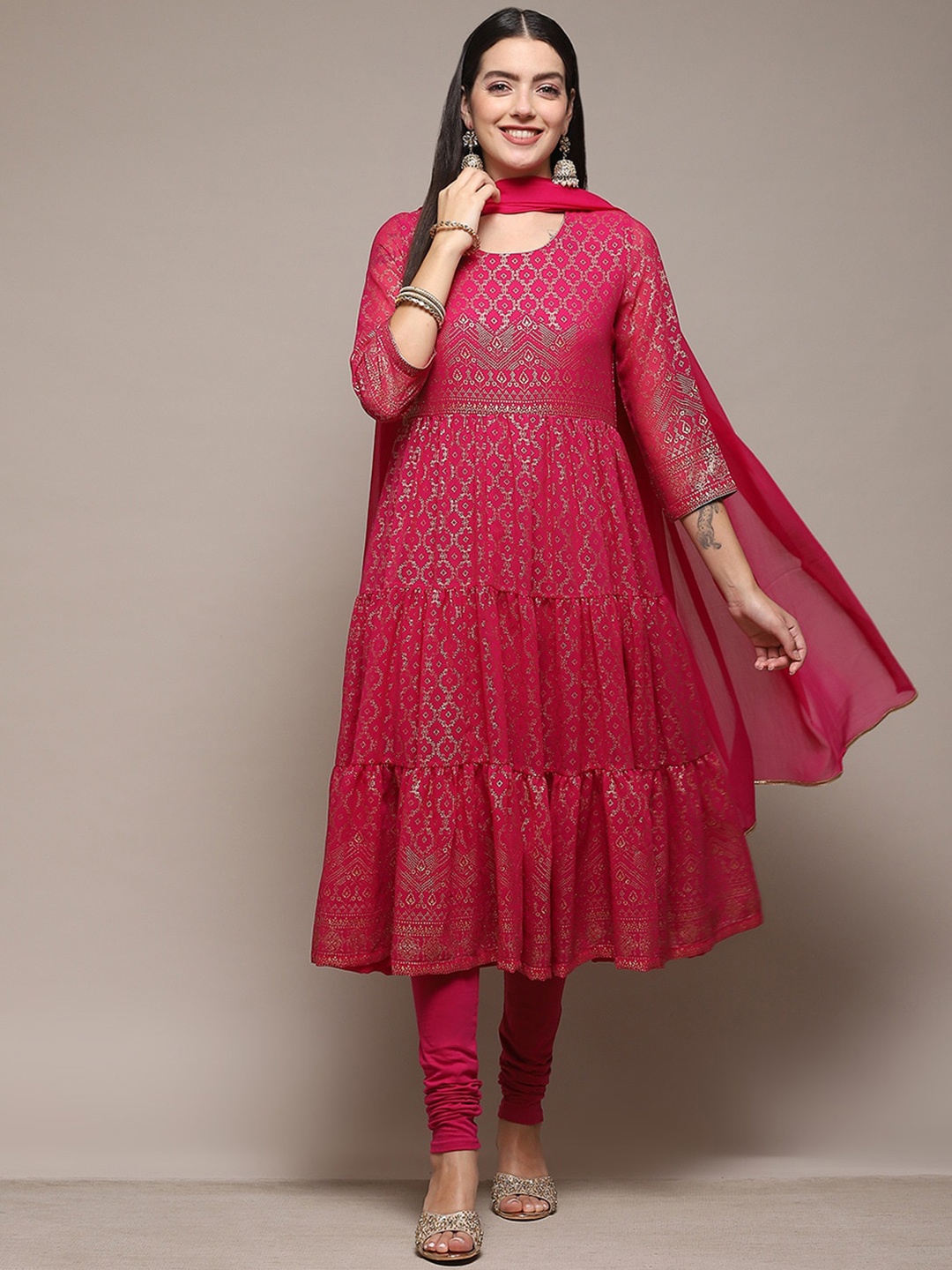 

Biba Ethnic Motifs Printed Tiered Anarkali Kurta & Leggings With Dupatta, Fuchsia