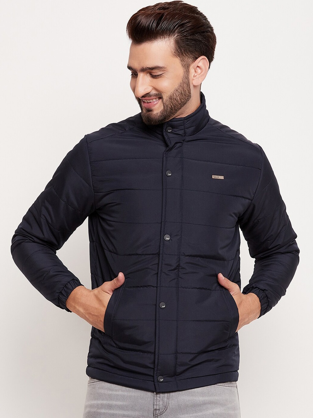 

Spirit Stand Collar Lightweight Puffer Jacket with Patchwork, Navy blue