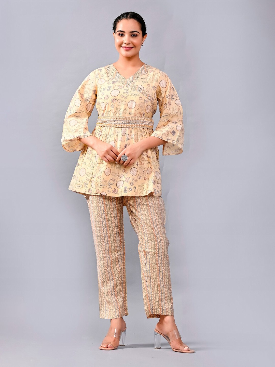 

PUKHYA Beige Floral Print Bell Sleeve Fit & Flare Dress
