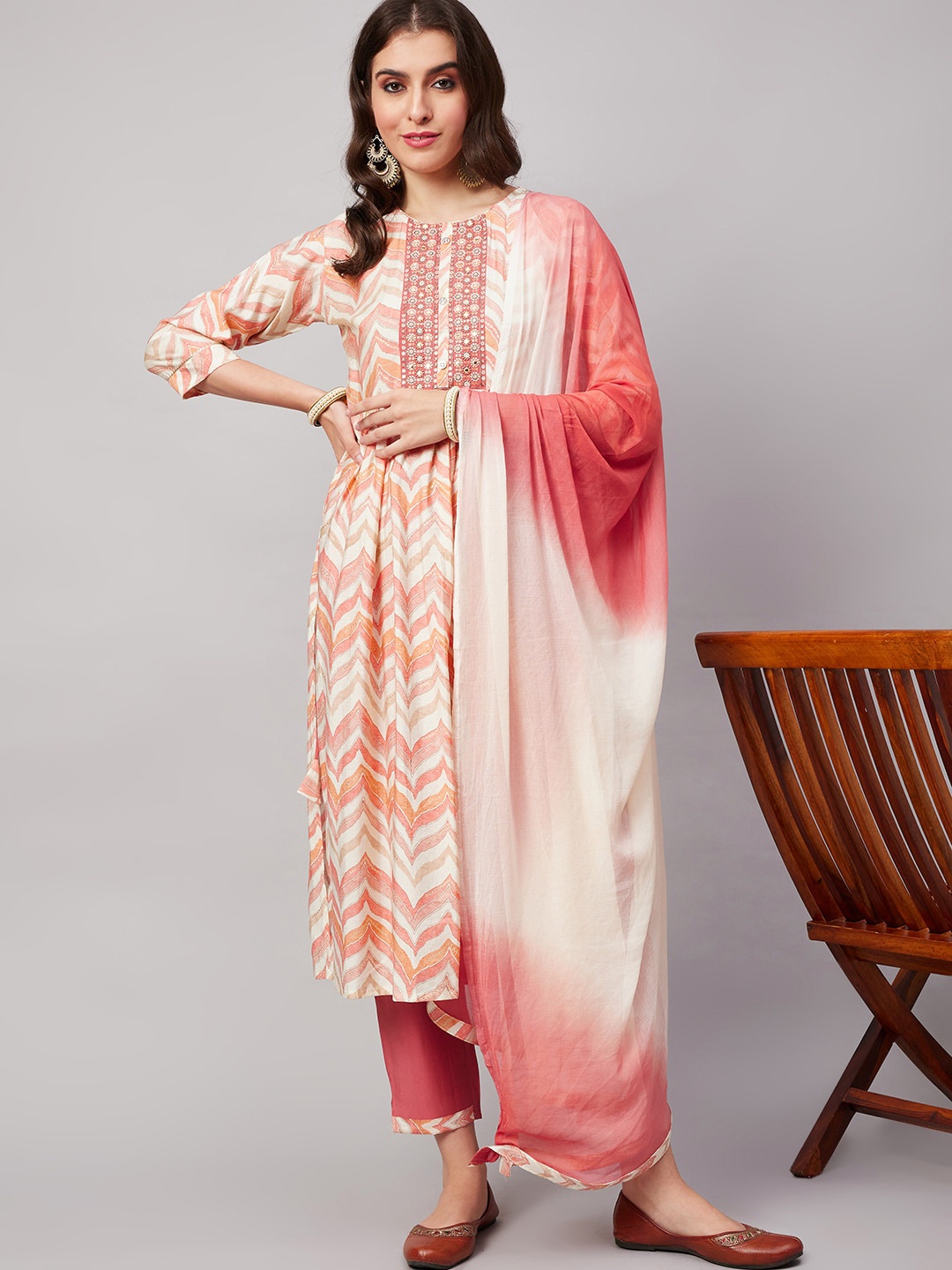 

HERE&NOW Red Abstract Printed Regular A-Line Kurta with Trousers & With Dupatta