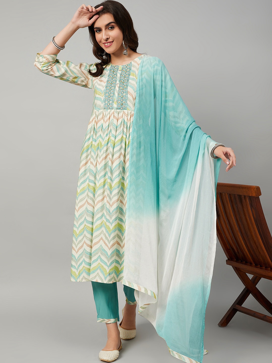 

HERE&NOW Beige Abstract Printed Regular A-Line Kurta with Trousers & With Dupatta
