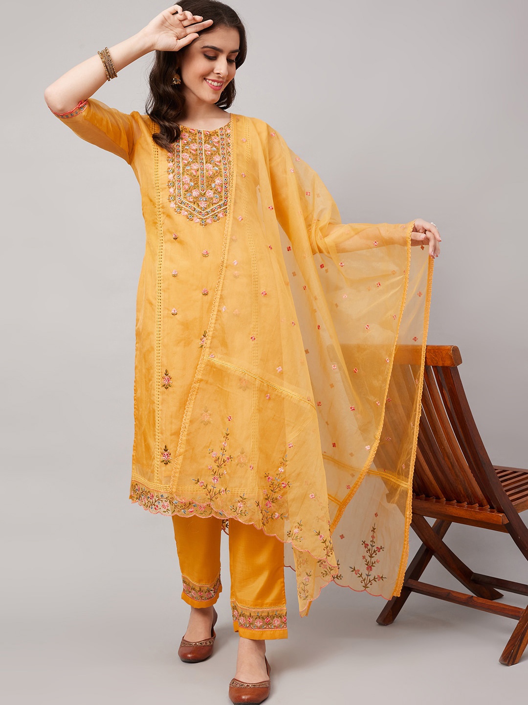 

HERE&NOW Yellow Floral Embroidered Regular Straight Kurta & Trousers With Dupatta