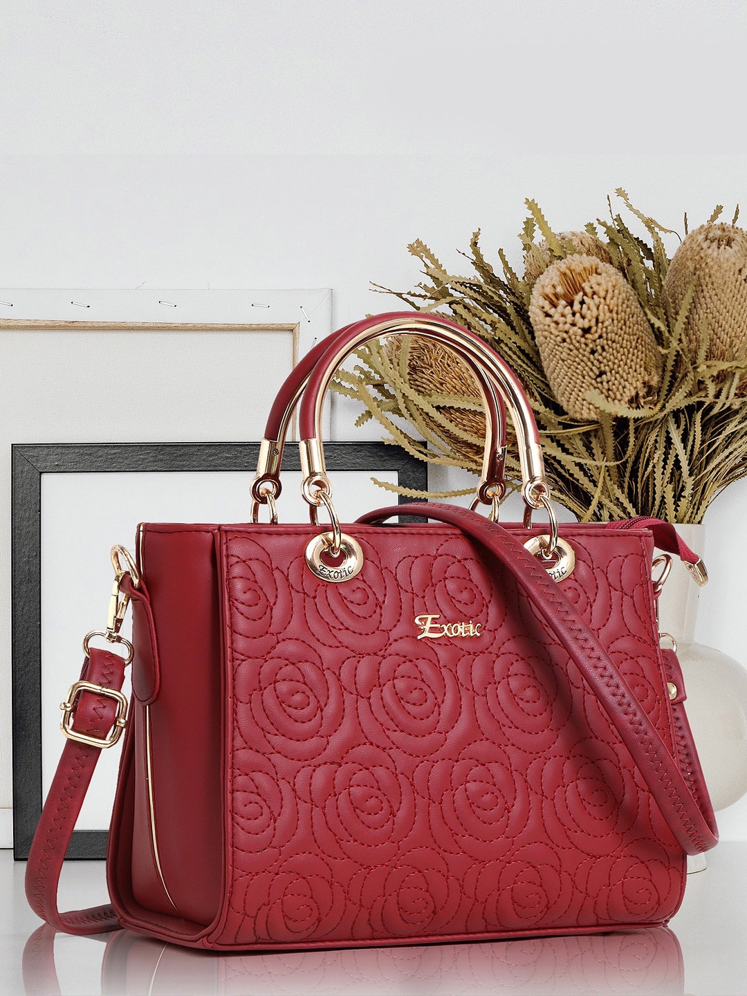 

Exotic Textured Structured Handheld Bag, Maroon