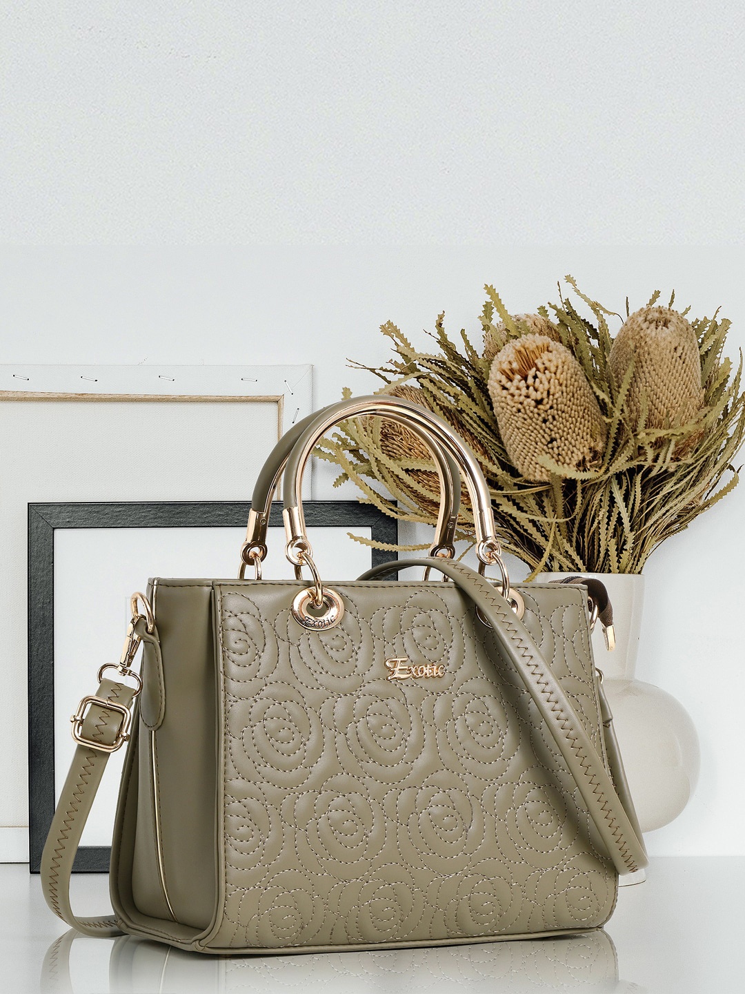 

Exotic Structured Handheld Bag, Olive