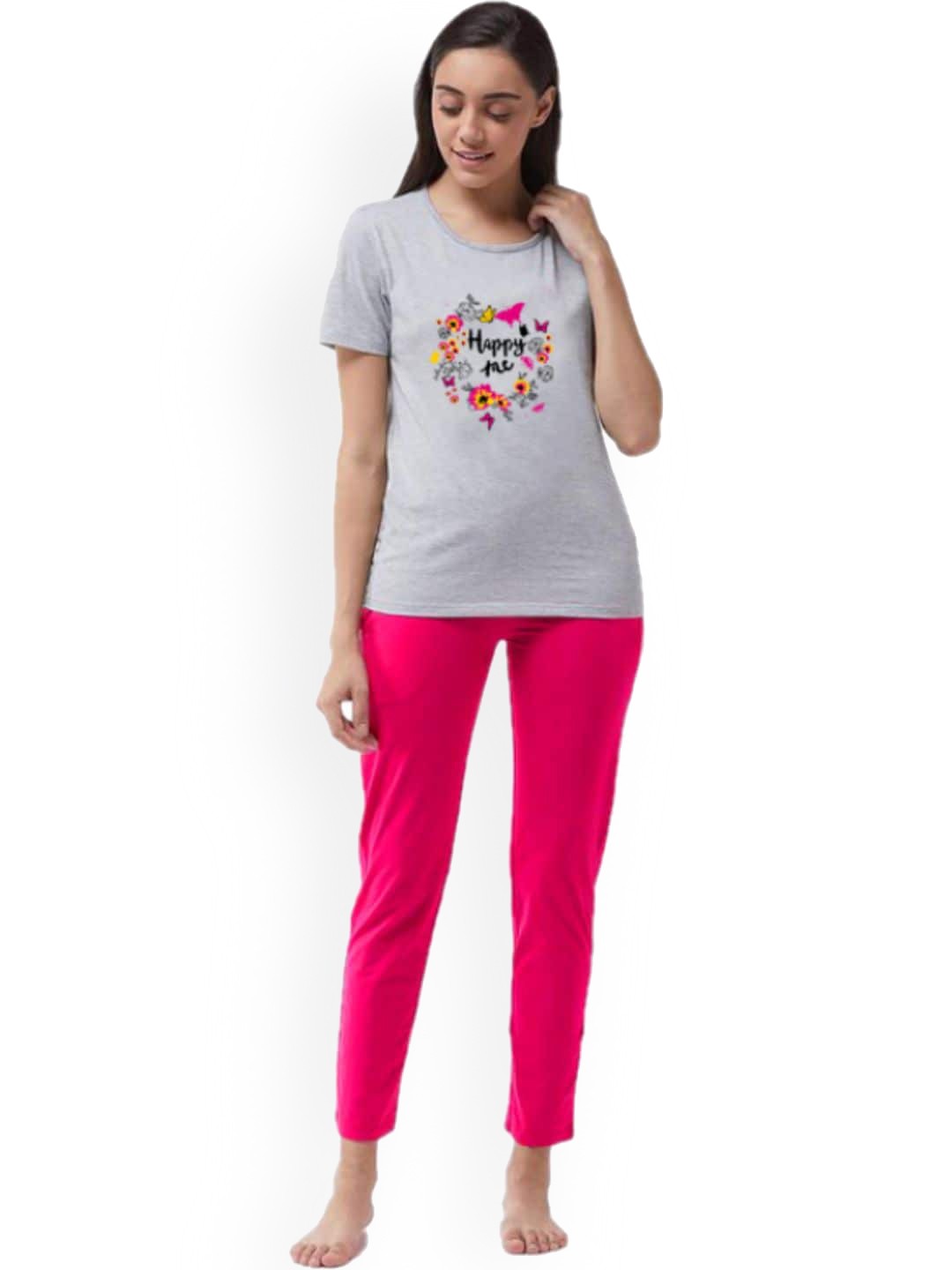 

BETTER THINK Floral Printed Pure Cotton T-shirt With Pyjamas, Grey
