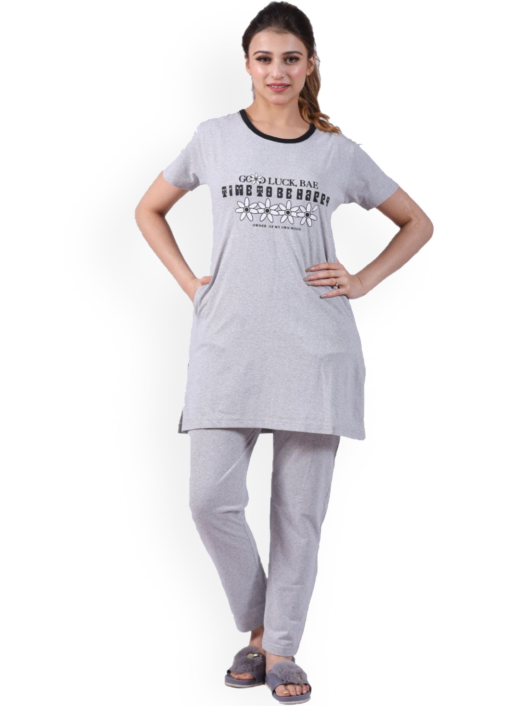 

BETTER THINK Typography Printed Pure Cotton T-shirt With Pyjamas, Grey