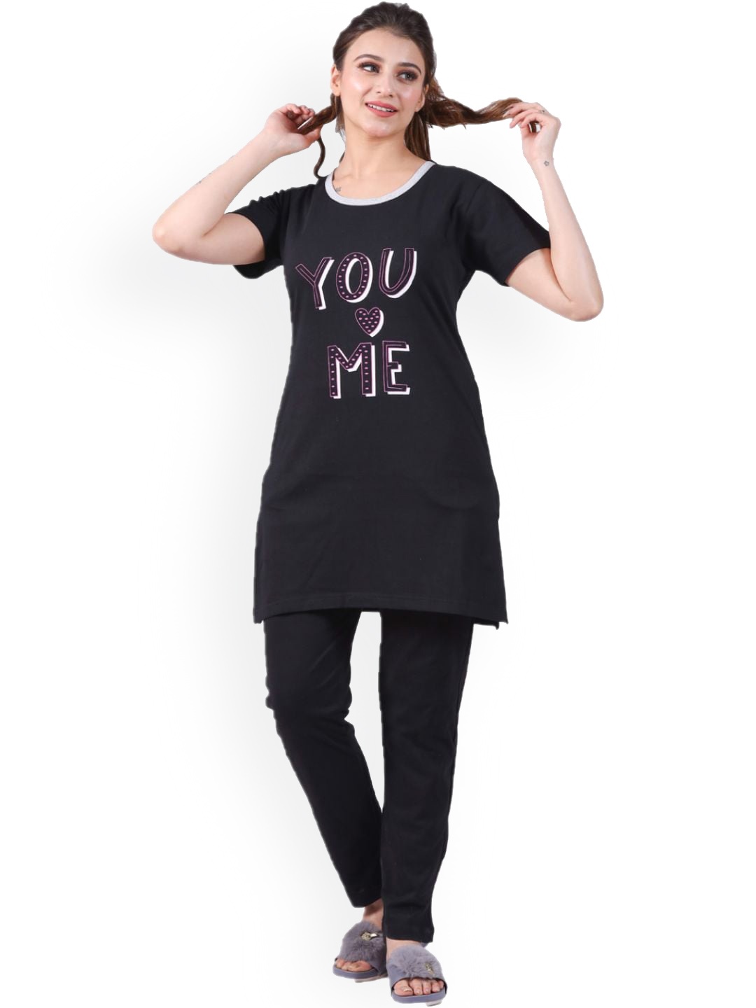 

BETTER THINK Typography Printed Pure Cotton Longline T-shirt With Pyjamas, Black
