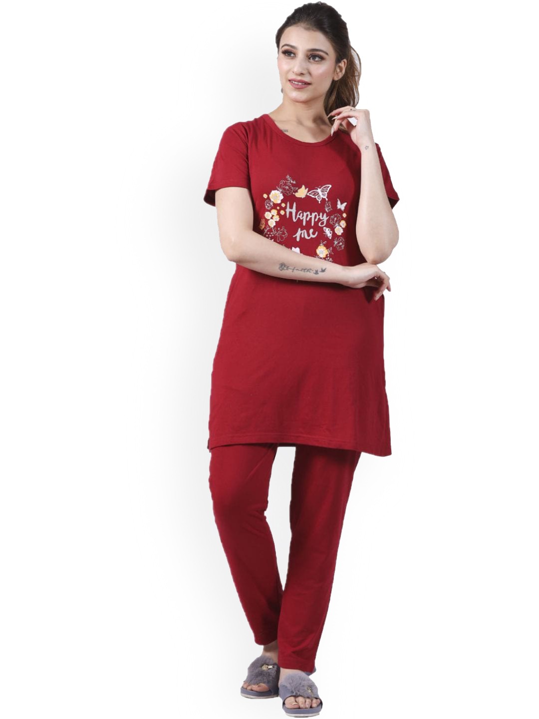 

BETTER THINK Typography Printed Pure Cotton Longline T-shirt With Pyjama, Red