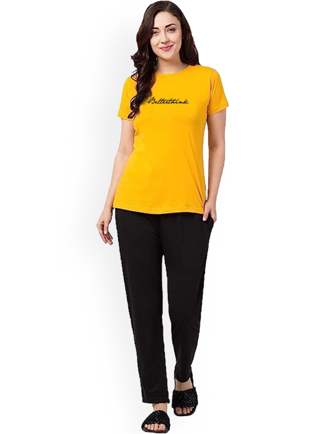 

BETTER THINK Brand Logo Printed Pure Cotton Night Suit, Mustard