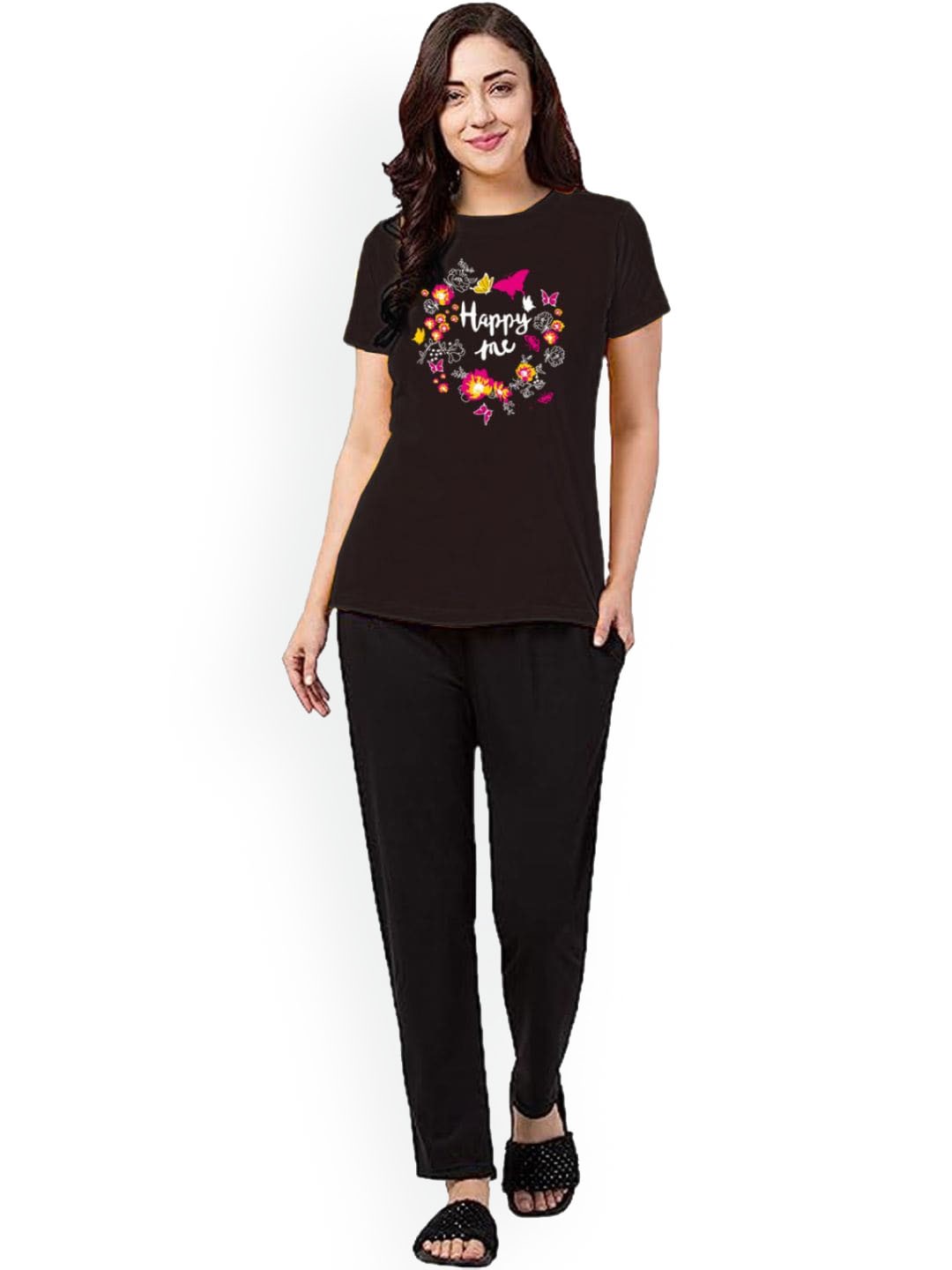 

BETTER THINK Typography Printed Pure Cotton T-shirt With Pyjama, Black