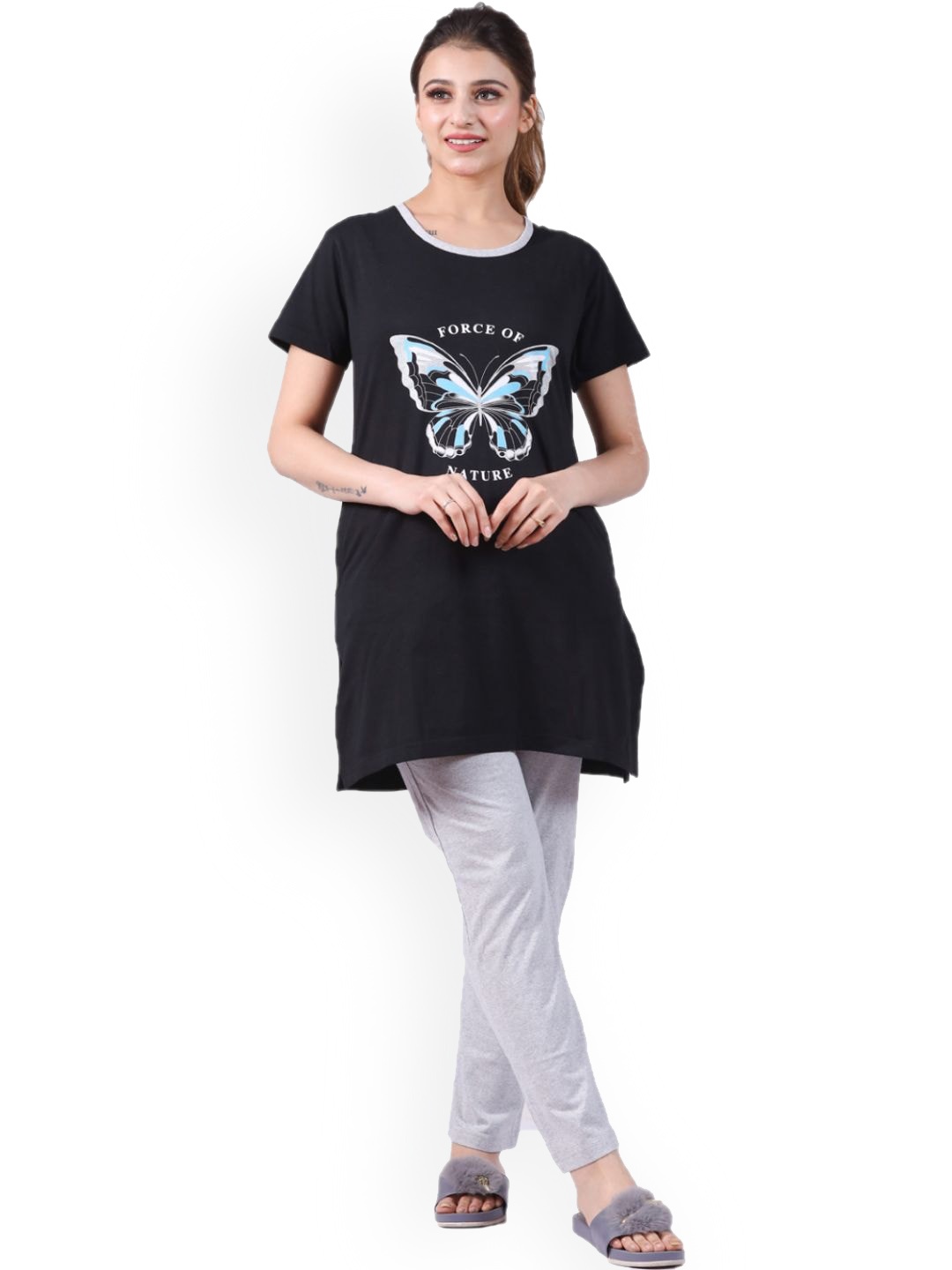 

BETTER THINK Graphic Printed Pure Cotton Longline T-shirt With Pyjamas, Black