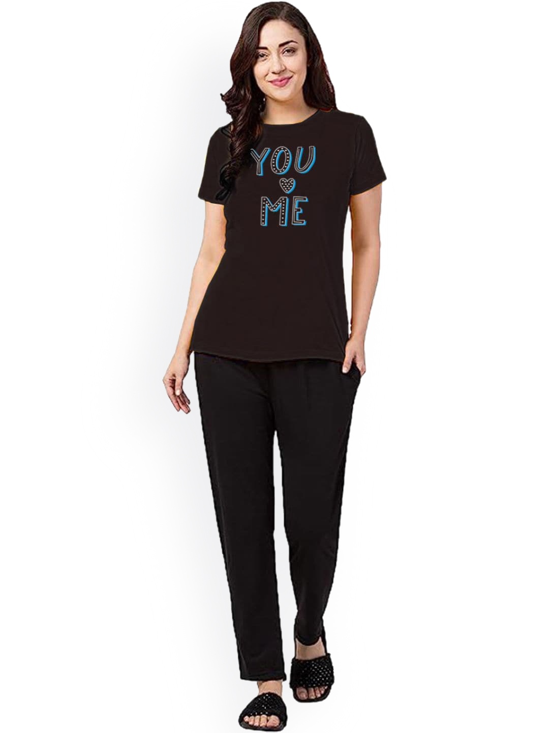 

BETTER THINK Typography Printed Pure Cotton Night Suit, Black