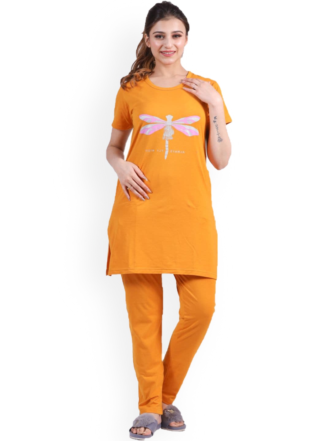 

BETTER THINK Graphic Printed Pure Cotton Longline T-shirt With Pyjama, Mustard