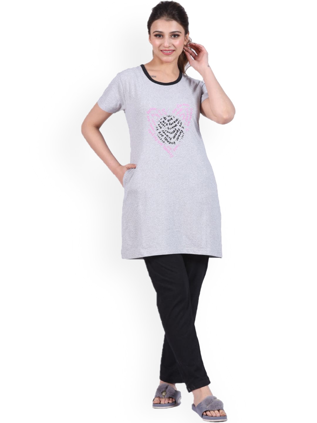 

BETTER THINK Typography Printed Pure Cotton T-shirt With Pyjamas, Grey
