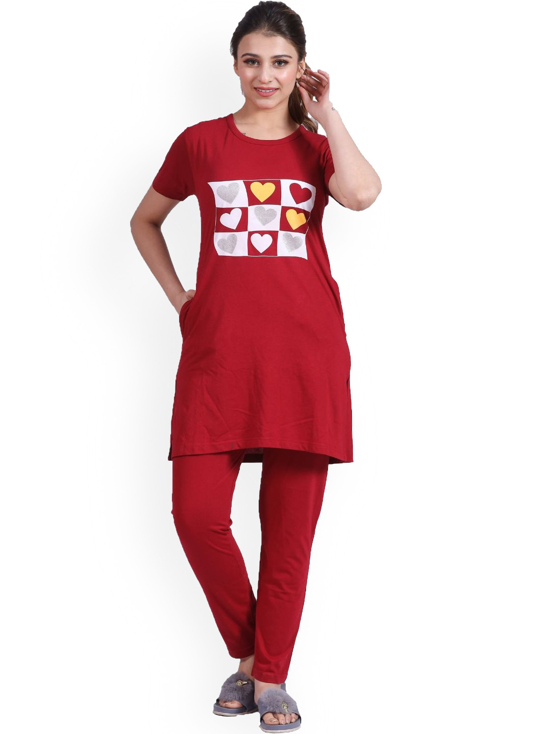 

BETTER THINK Graphic Printed Pure Cotton Maternity Night Suit, Red
