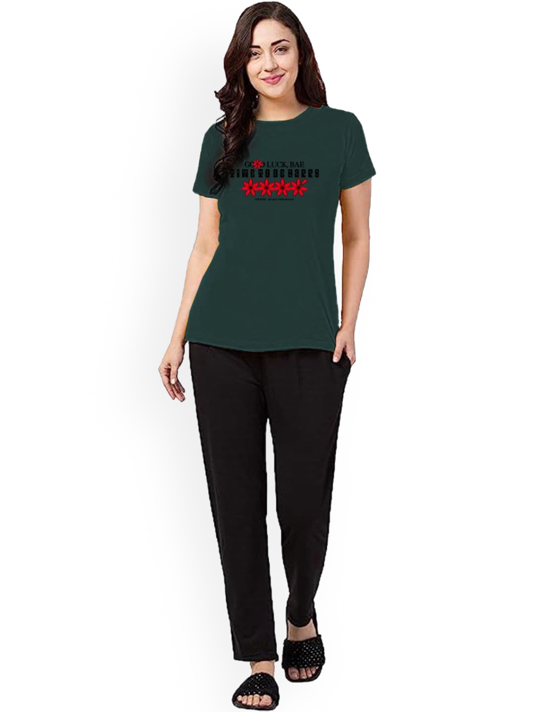 

BETTER THINK Typography Printed Pure Cotton T-shirt With Pyjamas, Green