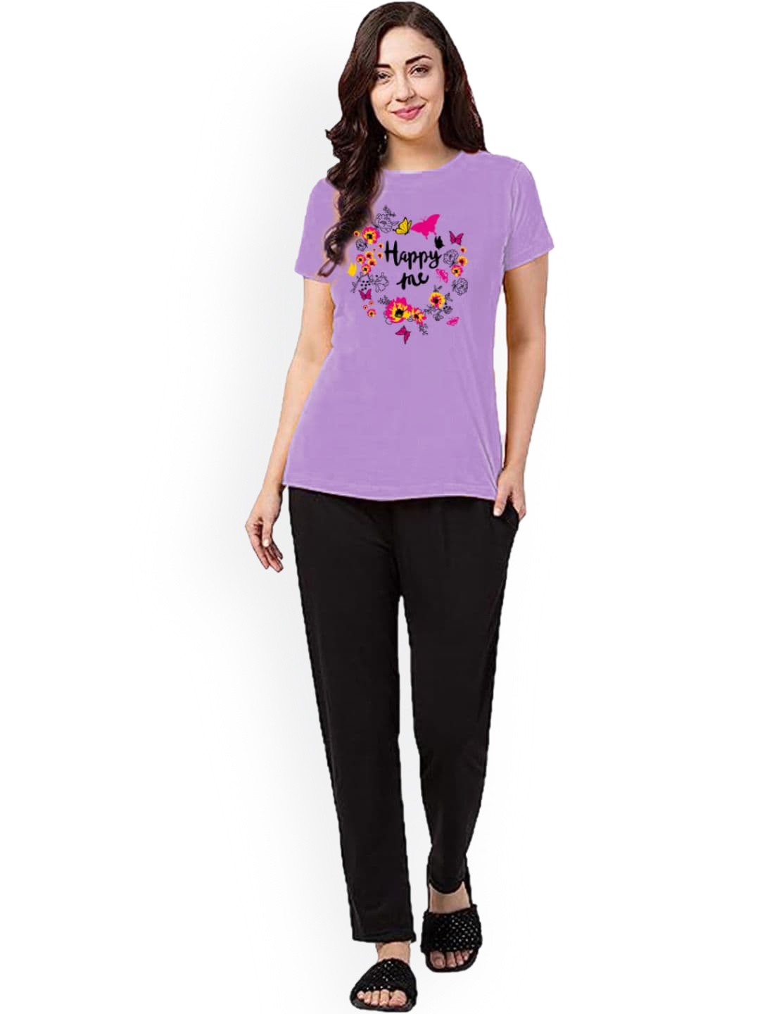 

BETTER THINK Floral Printed Short Sleeves Pure Cotton T-shirt & Pyjamas, Lavender